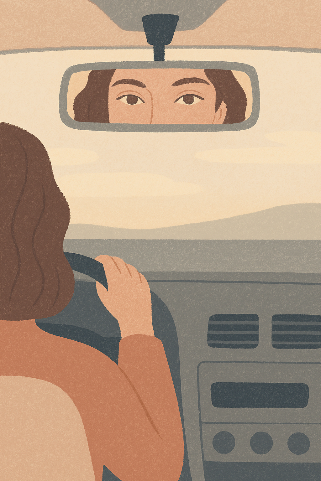 Mother driving her car, face visible looking in the rear-view mirror