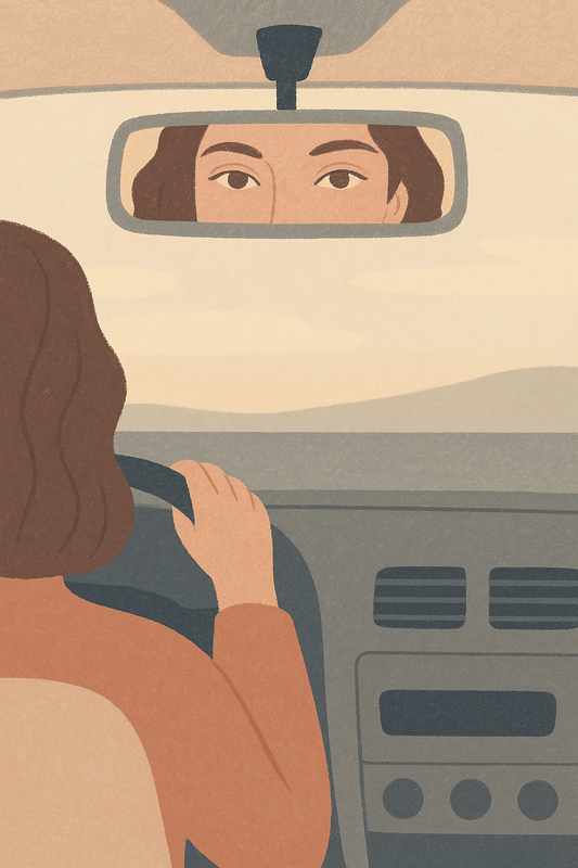 Mother driving her car, face visible looking in the rear-view mirror