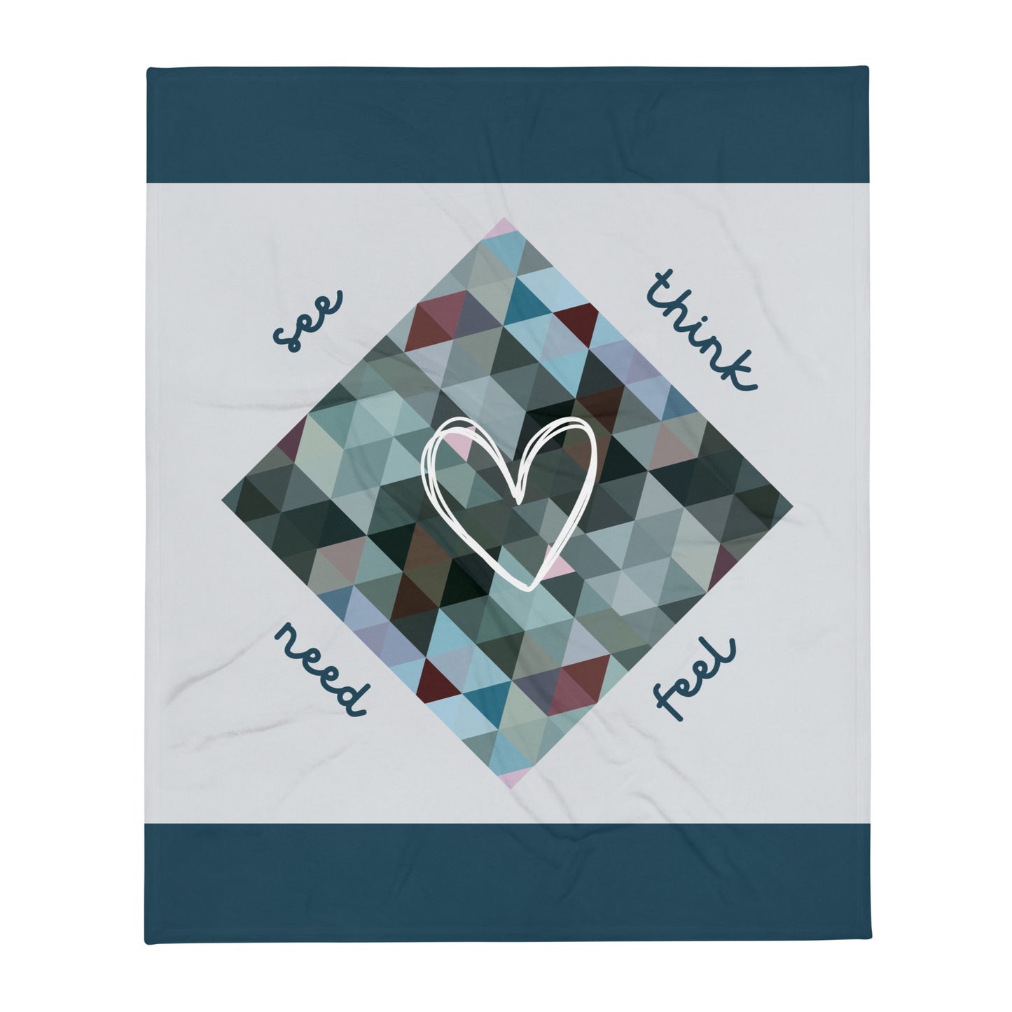 Colorful geometric-patterned communication blanket in blue. The blanket features a communication tool printed in the design for emotional regulation. 